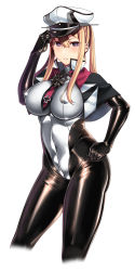 Rule 34 | 1girl, absurdres, adapted costume, anchor, blonde hair, blush, bodysuit, breasts, capelet, contrapposto, covered erect nipples, covered navel, cowboy shot, cropped legs, cross, gloves, graf zeppelin (kancolle), hair between eyes, hand on headwear, hand on own hip, hat, hiememiko, high collar, highres, iron cross, kantai collection, large breasts, latex, latex gloves, latex legwear, long hair, looking at viewer, military, military uniform, necktie, parted lips, peaked cap, purple eyes, quad tails, shiny clothes, simple background, skin tight, solo, standing, twintails, uniform, v-shaped eyebrows, white background