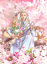 Rule 34 | 2boys, :d, antenna hair, blonde hair, blue eyes, blush, cherry blossoms, child, closed eyes, cup, dango, dated, elf, father and son, food, highres, jewelry, kazuki-mendou, legolas, long hair, long sleeves, multiple boys, open mouth, pointy ears, ring, robe, signature, sitting, smile, teacup, teapot, the silmarillion, thranduil, tolkien&#039;s legendarium, tolkien's legendarium, trap, tree, wagashi