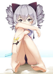 Rule 34 | 1girl, absurdres, ass, barefoot, benghuai xueyuan, black one-piece swimsuit, black sailor collar, bronya zaychik, cameltoe, covering own mouth, crossed bangs, drill hair, feet, food, full body, grey eyes, grey hair, highres, honkai (series), honkai impact 3rd, jliaan, legs, long hair, looking at viewer, neckerchief, one-piece swimsuit, pink neckerchief, popsicle, sailor collar, school uniform, shirt, short sleeves, sitting, solo, swimsuit, swimsuit under clothes, twin drills, white shirt, wristband