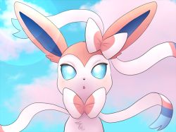 Rule 34 | blue eyes, bow, cloud, creatures (company), game freak, gen 6 pokemon, lens flare, looking at viewer, nintendo, nirvanilla, open mouth, pink fur, pokemon, pokemon (creature), simple background, sylveon