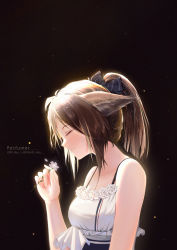 Rule 34 | 1girl, absurdres, animal ears, arknights, bare shoulders, black background, black bow, bow, breasts, brown hair, character name, chinese commentary, commentary request, dress, closed eyes, flower, fox ears, hair bow, hand up, head tilt, highres, holding, holding flower, niuy, perfumer (arknights), ponytail, short hair, short ponytail, simple background, small breasts, smile, solo, spaghetti strap, upper body, white dress, white flower