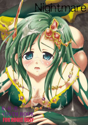 Rule 34 | 1990s (style), 1girl, ass, blue eyes, blush, breasts, bridal gauntlets, bukkake, cleavage, cover, cum, final fantasy, final fantasy iv, final fantasy iv: the after years, green hair, large breasts, lying, makoushi, red ribbon revenger, rydia (ff4), solo, tears, thighhighs, torn clothes