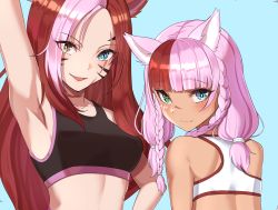 Rule 34 | 2girls, arm up, armpits, back, bad id, bad twitter id, bare arms, bare shoulders, blue background, blue eyes, braid, breasts, character request, closed mouth, commission, copyright request, crop top, facial mark, fang, from behind, green eyes, heterochromia, highres, long hair, looking at viewer, looking back, medium breasts, midriff, multicolored hair, multiple girls, open mouth, parted bangs, pink hair, red hair, ringopan, scar, scar across eye, scar on face, simple background, skeb commission, sleeveless, smile, sports bra, twin braids, two-tone hair, upper body, yellow eyes