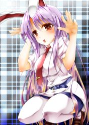 Rule 34 | 1girl, :o, animal ears, belt, blue skirt, blush, breasts, collared shirt, eyebrows, female focus, highres, impossible clothes, large breasts, long hair, looking at viewer, open mouth, parted lips, plaid, plaid background, purple hair, rabbit ears, red eyes, red thighhighs, reisen udongein inaba, seiza, shirt, short sleeves, sitting, skirt, solo, special tan, thighhighs, touhou, white shirt, white thighhighs