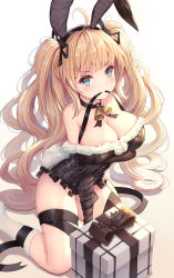 Rule 34 | &gt;:), 1girl, ahoge, animal ears, bare shoulders, bell, between fingers, black bow, black choker, black gloves, black hairband, blonde hair, blue eyes, blush, bow, box, breast hold, breasts, choker, cleavage, closed mouth, commentary request, elbow gloves, fake animal ears, fake tail, frilled leotard, frills, fur-trimmed leotard, fur trim, gift, gift box, gloves, granblue fantasy, hairband, highres, holding, kneehighs, kneeling, large breasts, leotard, long hair, looking at viewer, monika weisswind, mouth hold, neck bell, o-ring, o-ring choker, playboy bunny, rabbit ears, rabbit tail, rorinya, simple background, smile, socks, solo, tail, twintails, very long hair, white background, white hair