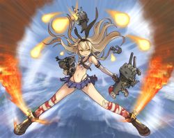 Rule 34 | 10s, 1girl, action, ankle boots, bare shoulders, black panties, blonde hair, boots, day, elbow gloves, fire, gloves, grey footwear, hair ornament, hairband, kantai collection, kiarino, long hair, ocean, panties, rensouhou-chan, shimakaze (kancolle), shirt, skirt, sky, sleeveless, sleeveless shirt, striped clothes, striped thighhighs, thighhighs, torn clothes, torn legwear, torn shirt, torn skirt, underwear, white gloves