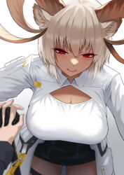 Rule 34 | 1girl, 1other, animal ear fluff, animal ears, arknights, black gloves, black skirt, blush, breasts, carnelian (arknights), cleavage, coat, dark-skinned female, dark skin, doctor (arknights), gino (gino h), gloves, goat ears, goat girl, goat horns, grey hair, heavy breathing, highres, holding hands, horns, interlocked fingers, large breasts, leaning forward, looking at viewer, miniskirt, open clothes, open coat, pov, red eyes, shirt, short hair, skirt, solo focus, thigh strap, white coat, white shirt