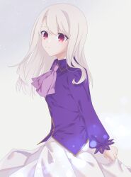 Rule 34 | 1girl, absurdres, ascot, collared shirt, commentary request, fate/stay night, fate (series), grey background, highres, illyasviel von einzbern, kanmi (amaiy0mi), long hair, long sleeves, looking to the side, purple shirt, red eyes, shirt, simple background, skirt, smile, solo, upper body, white hair, white skirt