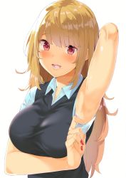 Rule 34 | absurdres, arm up, armpits, blonde hair, blush, bra, breasts, highres, large breasts, long hair, looking at viewer, mamedenkyuu (berun), md5 mismatch, mole, nail polish, open mouth, pink bra, red eyes, resolution mismatch, school uniform, source smaller, underwear