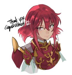 Rule 34 | 1girl, armor, breastplate, closed mouth, commentary, commission, english commentary, eyelashes, fire emblem, fire emblem: mystery of the emblem, gold trim, hair between eyes, medium hair, minerva (fire emblem), misokatsuhaumai, nintendo, red eyes, red hair, shoulder armor, solo, thank you, upper body, white background