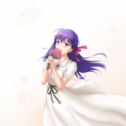 Rule 34 | 1girl, black ribbon, bouquet, collared dress, dress, fate/stay night, fate (series), floating hair, flower, hair between eyes, hair ribbon, holding, holding bouquet, long hair, matou sakura, no pupils, official alternate costume, pink flower, pink ribbon, purple eyes, purple hair, ribbon, rna (angel-smelter), short sleeves, simple background, solo, standing, sundress, very long hair, white background, white dress, wing collar