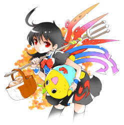 Rule 34 | 1girl, ahoge, asymmetrical hair, asymmetrical wings, basket, black dress, black hair, black thighhighs, character doll, dress, funasshii, holding, houjuu nue, ichizen (o tori), leaning forward, looking at viewer, polearm, red eyes, short dress, short hair, short sleeves, simple background, smile, spear, thighhighs, touhou, weapon, white background, wings, zettai ryouiki