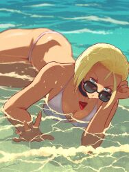 1girl ahoge bikini blonde_hair blue_eyes breasts cammy_white choker highres looking_at_viewer short_hair street_fighter street_fighter_6 sunglasses swimsuit water white_bikini yuenibushi