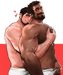 Rule 34 | 2boys, abs, arm hair, bara, beard, black eyes, black hair, blush, couple, dopey (dopq), closed eyes, facial hair, feet out of frame, grabbing, hairy, heart, highres, large pectorals, looking at another, male focus, manly, mature male, multiple boys, muscular, muscular male, original, pectoral grab, pectorals, red background, simple background, smile, thick arms, thick eyebrows, towel, towel around waist, undercut, upper body, white background, yaoi