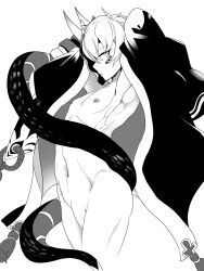 Rule 34 | 1boy, armpits, arms up, bridal gauntlets, closed mouth, cowboy shot, eye tattoo, facial mark, frown, greyscale, hair between eyes, hannya (onmyoji), haori, headband, highres, horned mask, japanese clothes, kimono, long sleeves, looking to the side, male focus, mask, mask on head, monochrome, moto mitsuashi, naked haori, naked robe, navel, nipples, nude, onmyoji, pectorals, penis, pointy ears, pom pom (clothes), robe, short hair, simple background, slit pupils, snake, tagme, tattoo, tattoo on face, tattoo under eye, trap, tucked penis