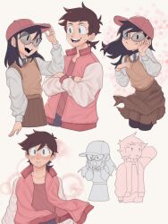 Rule 34 | 1boy, 1girl, :o, aged up, black hair, black thighhighs, blush, brown skirt, brown vest, collarbone, cropped torso, crossed arms, glasses, grey jacket, hands on own cheeks, hands on own face, highres, jacket, long hair, mrfishcorpse, multicolored clothes, multicolored jacket, necktie, open clothes, open jacket, pink headwear, pink jacket, pleated skirt, ponytail, short hair, shorts, shorts under skirt, simple background, skirt, smile, teeth, the fairly oddparents, thighhighs, timmy turner, tootie, two-tone jacket, vest, white background