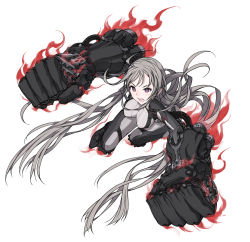 Rule 34 | 1girl, ahoge, armor, bodysuit, full body, gauntlets, glowing, greaves, grey hair, huge weapon, impossible clothes, kazuoki, long hair, open mouth, original, purple eyes, simple background, solo, very long hair, weapon, white background