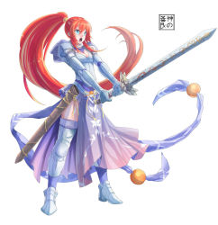 Rule 34 | armor, blue eyes, breasts, cleavage, eudetenis, fighting stance, gauntlets, greaves, long hair, open mouth, ponytail, project ap, red hair, sheath, shoulder pads, side slit, simple background, sword, thighhighs, very long hair, weapon, white background