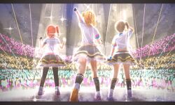 3girls arm_up arms_up bow braveheart_coaster concert cyaron!_(love_live!) from_behind glowstick highres idol kurosawa_ruby light_brown_hair love_live! love_live!_sunshine!! medium_hair midriff multiple_girls orange_hair penlight_(glowstick) ponytail red_hair shirt shoes side_ponytail skirt socks stage takami_chika thighhighs thighs watanabe_you white_footwear white_shirt yaa-kun