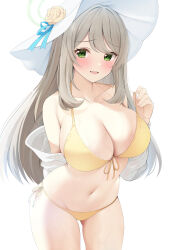 Rule 34 | 1girl, absurdres, bare arms, bare legs, bare shoulders, bikini, blue archive, blue ribbon, blush, breasts, cleavage, collarbone, cowboy shot, front-tie bikini top, front-tie top, green eyes, green halo, halo, hat, hat ribbon, highres, large breasts, light brown hair, long hair, looking at viewer, navel, nonomi (blue archive), nonomi (swimsuit) (blue archive), official alternate costume, open mouth, rei (ilust9999), ribbon, side-tie bikini bottom, simple background, solo, swimsuit, white background, white hat, yellow bikini