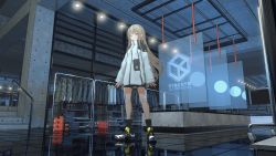 Rule 34 | 1girl, bad id, bad pixiv id, bike shorts, brown eyes, brown hair, cancell, clothes rack, coat, english text, high collar, highres, indoors, legs apart, long hair, looking at viewer, nike (company), original, reflection, science fiction, shoes, sneakers, solo, standing