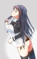 Rule 34 | 1girl, arched back, ass, assault lily, black hair, black panties, black ribbon, black thighhighs, blush, breasts, buttons, closed mouth, commentary request, cowboy shot, cropped jacket, dress shirt, fingernails, from side, gradient background, grey background, hand up, holding, holding hair, juliet sleeves, large breasts, leg ribbon, long hair, long sleeves, looking at viewer, looking to the side, neck ribbon, no pants, panties, profile, puffy sleeves, ribbon, school uniform, shirai yuyu, shirt, side-tie panties, sideways glance, skull573, solo, standing, thighhighs, underwear, white shirt, yurigaoka girls academy school uniform