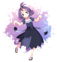 Rule 34 | 1girl, acerola (pokemon), armlet, blue eyes, creatures (company), dress, elite four, flat chest, flipped hair, full body, game freak, hair ornament, half updo, konna e oritore, leaning to the side, leg up, nintendo, pokemon, pokemon sm, purple hair, sandals, short hair, simple background, smile, solo, standing, standing on one leg, stitches, topknot, torn clothes, torn dress, trial captain