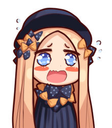 Rule 34 | 1girl, abigail williams (fate), bad id, bad pixiv id, black bow, black dress, black hat, blonde hair, blue eyes, blush stickers, bow, chibi, dress, fate/grand order, fate (series), flying sweatdrops, hair bow, hat, long hair, looking at viewer, meion, open mouth, orange bow, parted bangs, polka dot, polka dot bow, simple background, solo, very long hair, wavy mouth, white background