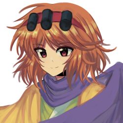 Rule 34 | 1other, absurdres, closed mouth, commentary, green kimono, guhai2023, hair rollers, hairband, highres, japanese clothes, kimono, len&#039;en, looking at viewer, orange hair, orange sleeves, purple scarf, red eyes, red hairband, scarf, short hair, smile, solo, symbol-only commentary, transparent background, upper body, zuifeng tenkai
