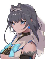 Rule 34 | 1girl, bare shoulders, blue eyes, blue ribbon, breasts, closed mouth, clothing cutout, commentary, detached sleeves, english commentary, from side, grey hair, hair intakes, highres, hololive, hololive english, large breasts, looking at viewer, neck ribbon, ouro kronii, ribbon, ribbon earrings, rima (0136), short hair, simple background, smile, solo, underboob, underboob cutout, upper body, virtual youtuber, white background