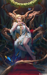 Rule 34 | 1girl, anklet, barefoot, blonde hair, blue dress, bracelet, braid, braided bangs, breasts, bug, butterfly, dress, elf, full body, highres, in tree, insect, jewelry, leaf, long hair, long sleeves, looking at viewer, medium breasts, original, own hands together, parted bangs, parted lips, pointy ears, sitting, solo, tree, whoareuu, wide sleeves