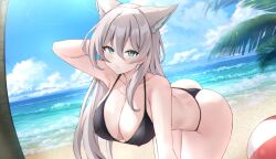 Rule 34 | 1girl, aarontsay, absurdres, animal ear fluff, animal ears, ball, beach, beachball, bikini, black bikini, blue sky, breasts, cat girl, cloud, collarbone, commission, covered erect nipples, day, hair between eyes, highres, indie virtual youtuber, large breasts, looking at viewer, ocean, outdoors, reneua, sand, second-party source, sky, solo, swimsuit, tree, virtual youtuber, white hair