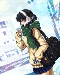 Rule 34 | 1girl, absurdres, artist name, bag, black bag, black hair, blue skirt, brown eyes, brown sweater, cellphone, commentary, dutch angle, green scarf, headphones, highres, holding, holding phone, long hair, looking to the side, original, outdoors, phone, pleated skirt, road, sakunaroku, scarf, shoulder bag, skirt, smartphone, snow, solo, steam, street, sweater, traffic light
