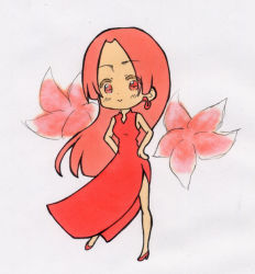 Rule 34 | 1girl, boa hancock, chibi, china dress, chinese clothes, dress, earrings, female focus, flower, high heels, jewelry, long hair, one piece, red dress, red theme, shoes, side slit, simple background, solo, standing