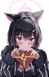 Rule 34 | 1girl, animal ears, black hair, black jacket, blue archive, blush, box, cat ears, closed mouth, colored inner hair, extra ears, fingernails, gift, gift box, hair ornament, hairclip, halo, heart-shaped box, highres, holding, holding gift, hood, hood down, hooded jacket, jacket, kazusa (blue archive), long sleeves, looking at viewer, multicolored hair, pink hair, pink halo, red eyes, short hair, simple background, smile, solo, staryume, twitter username, white background