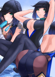 Rule 34 | 1girl, armpits, arms behind head, ass, backless dress, backless outfit, black hair, blue background, blue hair, bob cut, braid, breasts, brown legwear, center opening, cleavage, cliov, closed mouth, commentary request, cowboy shot, crossed legs, diagonal bangs, dice, dress, expressionless, fellatio gesture, fishnets, food, from behind, fur trim, genshin impact, green eyes, hair ribbon, hand up, highres, looking at viewer, mole, mole on breast, multicolored hair, multiple views, popsicle, ribbon, shadow, sitting, sleeveless, sleeveless dress, slurping, solo focus, sweat, tassel, thighs, tongue, tongue out, tress ribbon, two-tone hair, yelan (genshin impact)