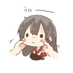 Rule 34 | 10s, 1girl, :|, akagi (kancolle), bad id, bad twitter id, black eyes, blush, blush stickers, brown hair, chibi, closed mouth, hands on another&#039;s face, japanese clothes, kantai collection, long hair, lowres, mini person, minigirl, muneate, o o, personification, rebecca (keinelove), smile, solo focus