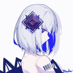 Rule 34 | 1girl, acronym, android, barcode, barcode tattoo, bare shoulders, blue eyes, blue hair, bright pupils, cevio, character name, colored inner hair, crossed bangs, drop shadow, fagun yibei, frown, glaring, hair ornament, jacket, jacket partially removed, joints, kamitsubaki studio, limited palette, looking ahead, multicolored eyes, multicolored hair, nude, portrait, profile, purple eyes, rime (cevio), robot joints, romaji text, signature, simple background, solo, tattoo, white background, white hair, white pupils