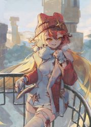 Rule 34 | + +, 1girl, against railing, alchemy stars, bag, beanie, blonde hair, blush, breasts, clarenceman0605, cowboy shot, dated, dress, gronru (alchemy stars), gronru (naughty or nice) (alchemy stars), hair ornament, handbag, hat, highres, jacket, long hair, looking to the side, mittens, open clothes, open jacket, open mouth, outdoors, pom pom (clothes), pom pom hair ornament, railing, red eyes, red hat, red jacket, short dress, shoulder bag, signature, small breasts, smile, solo, thigh strap, thighhighs, white dress, white thighhighs, yellow eyes