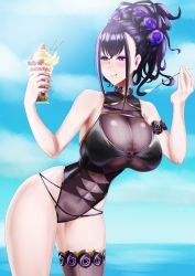 Rule 34 | 1girl, absurdres, armlet, artist request, bare shoulders, black one-piece swimsuit, blue sky, blush, breasts, covered navel, fate/grand order, fate (series), flower, gold trim, hair flower, hair ornament, hair up, highleg, highleg swimsuit, highres, large breasts, licking lips, long hair, murasaki shikibu (fate), murasaki shikibu (swimsuit rider) (fate), murasaki shikibu (swimsuit rider) (first ascension) (fate), ocean, one-piece swimsuit, parfait, purple eyes, purple hair, single thighhigh, sky, smile, solo, spoon, swimsuit, thighhighs, thighs, tongue, tongue out