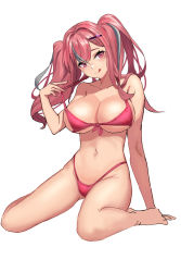 Rule 34 | 1girl, absurdres, azur lane, bare legs, bare shoulders, bikini, bra, breasts, bremerton (azur lane), cleavage, closed mouth, collarbone, hair ornament, hairclip, highres, jonbur man, large breasts, licking lips, long hair, looking at viewer, multicolored hair, navel, panties, pink bikini, pink bra, pink eyes, pink hair, pink panties, sitting, smile, solo, swimsuit, tongue, tongue out, twintails, underwear, white background