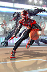 Rule 34 | 5boys, ball, basketball, basketball (object), basketball court, black bodysuit, bodysuit, carnage (marvel), comic cover, commentary, cover image, covered abs, crowd, dodging, dribbling (basketball), english commentary, highres, kael ngu, long tongue, male focus, marvel, miles morales, multiple boys, muscular, muscular male, official art, playing sports, red footwear, shoes, sneakers, spider-man, spider-man (miles morales), spider-man (series), superhero costume, symbiote, tongue, venom (marvel), wilson fisk
