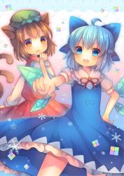 Rule 34 | &gt;:d, 2girls, :d, ahoge, animal ears, blue eyes, blue hair, bow, brown eyes, brown hair, cat ears, cat tail, chen, cirno, coa (chroo x), hair bow, hat, ice, ice wings, multiple girls, open mouth, pointing, smile, snowflakes, tail, touhou, v-shaped eyebrows, wings