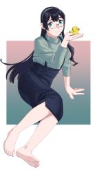 Rule 34 | 1girl, absurdres, alternate costume, anchor symbol, arm support, bad id, bad twitter id, barefoot, black hair, black skirt, blue eyes, closed mouth, foreshortening, glasses, green sweater, grey hairband, hairband, highres, kantai collection, long hair, long sleeves, looking at viewer, ojipon, ooyodo (kancolle), overall skirt, rubber duck, semi-rimless eyewear, skirt, smile, solo, suspender skirt, suspenders, sweater, turtleneck, turtleneck sweater, under-rim eyewear