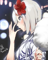 Rule 34 | 10s, 1girl, blue eyes, blush, commentary request, cotton candy, finger to mouth, flower, food, gradient background, hair flower, hair ornament, hairclip, hamakaze (kancolle), japanese clothes, kantai collection, kimono, one-hour drawing challenge, short hair, silver hair, solo, twitter username, yakitomato, yukata