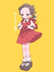 Rule 34 | 1girl, backpack, bag, blush, brown eyes, brown footwear, brown hair, closed mouth, collared shirt, commentary request, dress, forehead, full body, highres, holding strap, kaai yuki, kyoufuu all back (vocaloid), low twintails, mary janes, necktie, pinafore dress, randoseru, red bag, red dress, red necktie, shirt, shoes, short hair, simple background, sleeveless, sleeveless dress, socks, solo, song name, standing, twintails, upa papa co, white shirt, white socks, yellow background