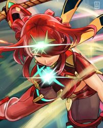 Rule 34 | 1girl, bob cut, breasts, chest jewel, commentary, english commentary, expressionless, glowing, hair over one eye, headpiece, highres, holding, holding weapon, large breasts, lips, mechanical wings, nintendo, overlord jc, pantyhose, pantyhose under shorts, pyra (xenoblade), red eyes, red hair, short hair, short shorts, shorts, solo, super smash bros., tagme, thighhighs, tiara, weapon, wings, xenoblade chronicles (series), xenoblade chronicles 2