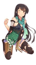 Rule 34 | 1girl, atelier (series), atelier firis, bandages, black hair, blush, calligraphy brush, calligraphy brush (medium), gloves, highres, injury, liane mistlud, long hair, miniskirt, one eye closed, paintbrush, red eyes, scarf, seiza, simple background, single glove, sitting, skirt, solo, sonzai soumei, thighhighs, torn clothes, white background