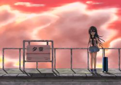 Rule 34 | 1girl, aoi thomas, bare arms, bare shoulders, black hair, blue eyes, blue footwear, blue skirt, blush, closed mouth, cloud, cloudy sky, commentary request, hair between eyes, highres, long hair, looking at viewer, original, outdoors, red sky, rolling suitcase, shirt, shoes, skirt, sky, sleeveless, sleeveless shirt, smile, solo, standing, suitcase, sunset, train station, very long hair, white shirt