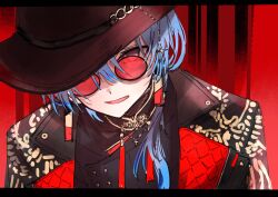 Rule 34 | 1girl, absurdres, blue eyes, blue hair, coat, earrings, hat, highres, hololive, hoshimachi suisei, hoshimachi suisei (8th costume), hoshimachi suisei (oriental suit), jewelry, looking at viewer, official alternate costume, open mouth, ponytail, red-tinted eyewear, round eyewear, smile, solo, sunglasses, tinted eyewear, upper body, virtual youtuber, yagi0illust